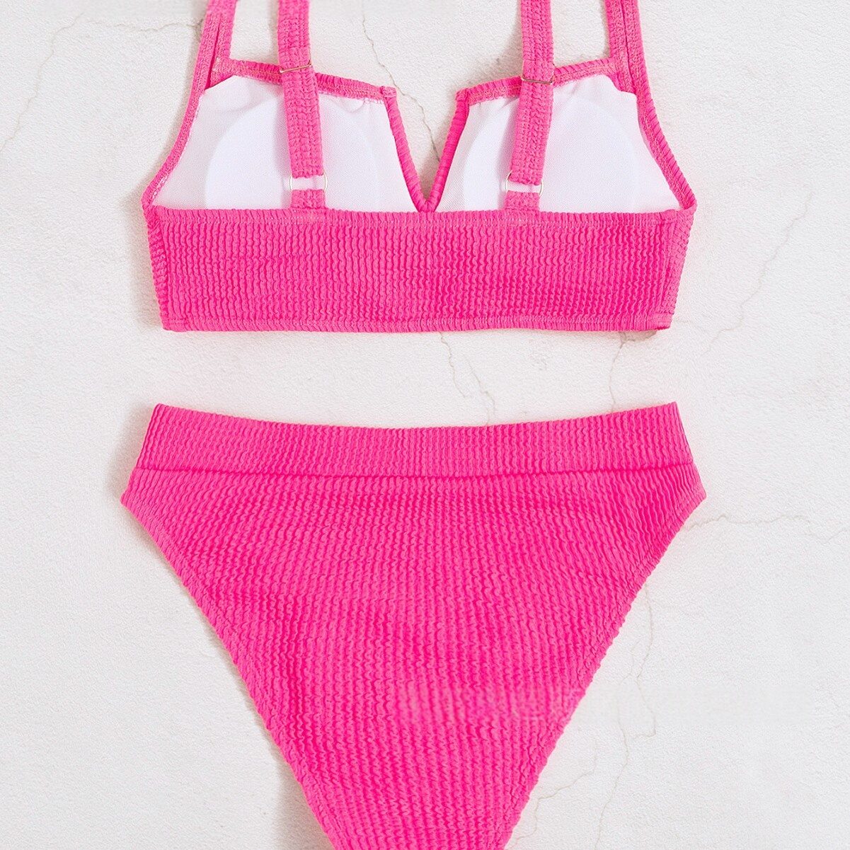 Solid-color V-neck High-waisted Bikini Swimsuit